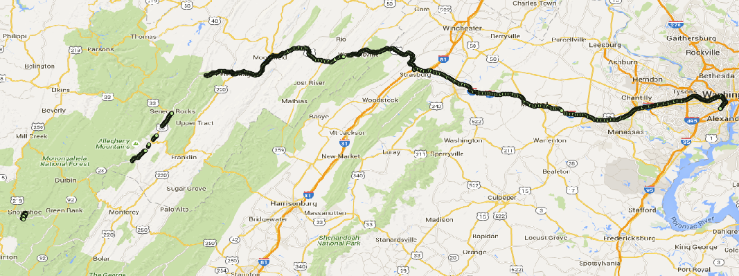 Route from DC to Snowshoe, WV where AT&T is available