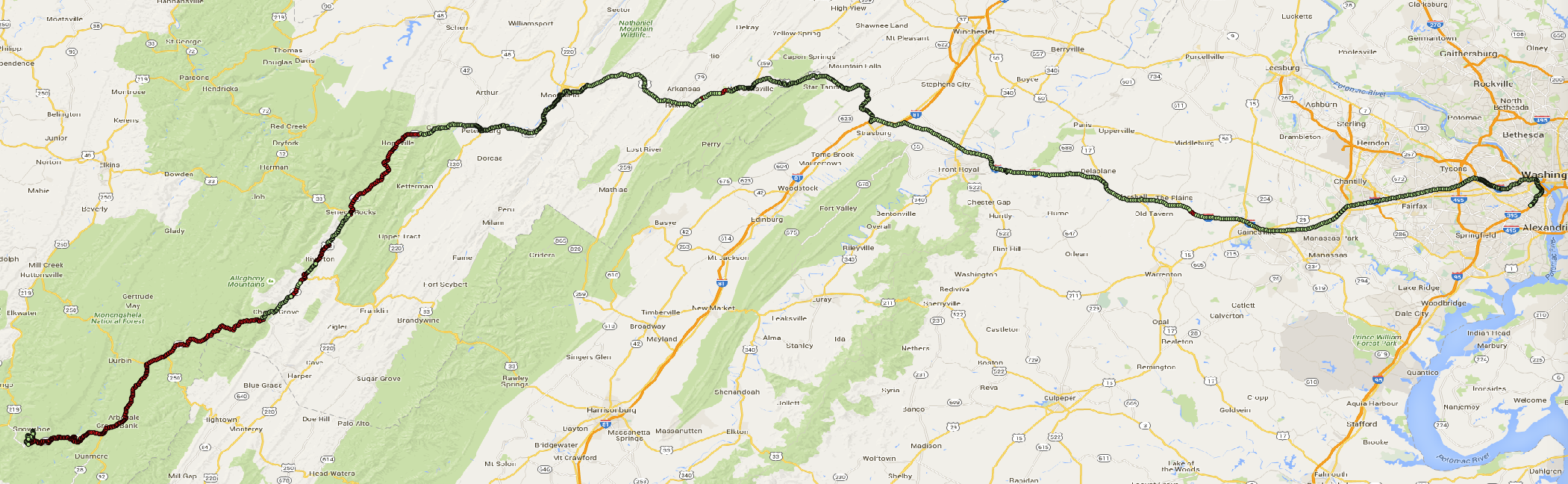 Complete route from DC to Snowshoe, WV with AT&T signal level